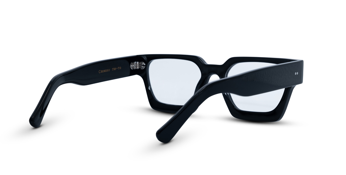 Sasha Optical black acetate prescription eyeglasses with notched
browline and clear lenses, square frame for RX