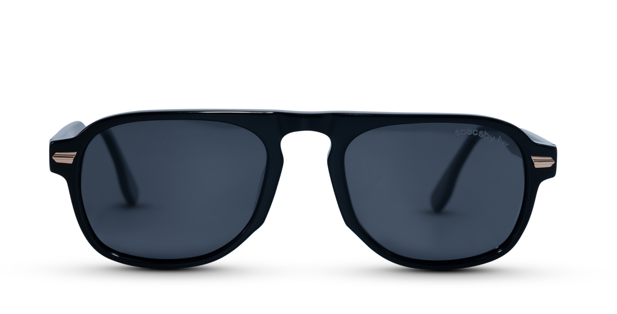 Verka black acetate aviator sunglasses with dark grey polarized
lenses and straight brow bar, refined teardrop silhouette
